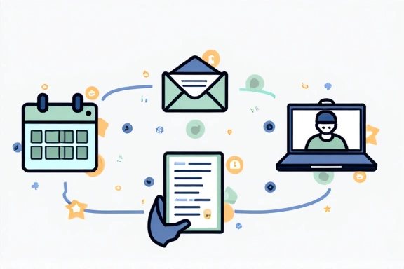 Ilustracja przedstawiająca proces konsultacji online, z ikonami symbolizującymi wybór terminu, potwierdzenie, ankietę i wideorozmowę.