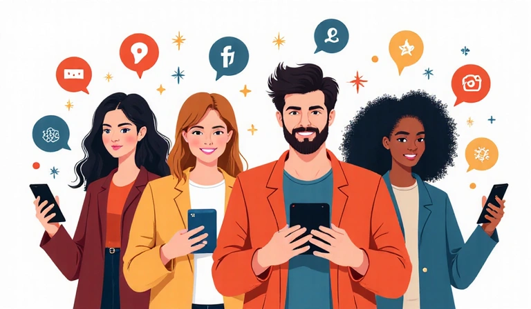 Ilustracja osób przeglądających media społecznościowe na telefonach