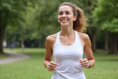 Kobieta biegnąca po parku, symbolizująca aktywność fizyczną i utratę wagi, z uśmiechem na twarzy.